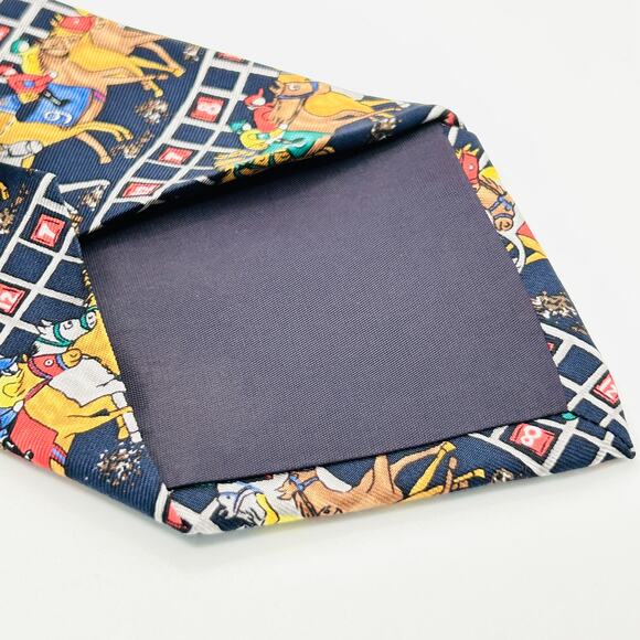 Vintage 80s Alynn Navy Blue Horse Racing Novelty Silk Necktie - Picture 4 of 7